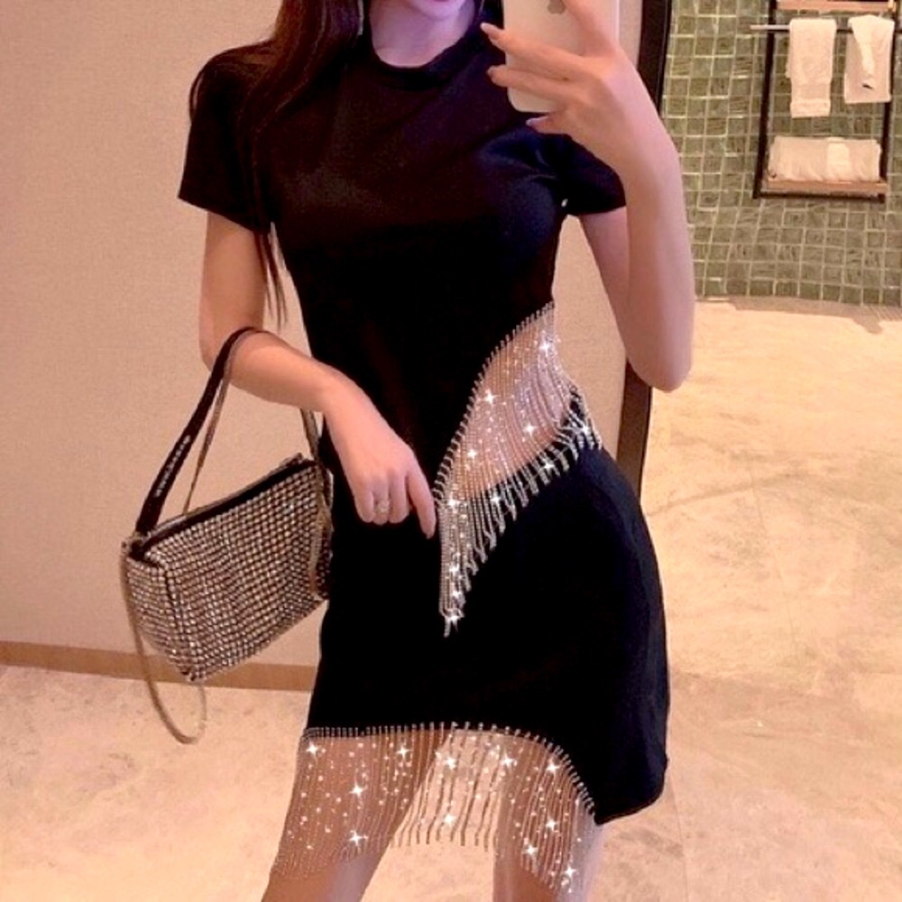 Black Rhinestone Fringe Side Slit Mini Party Dress
